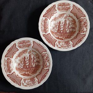 China Dinnerware Alfred Meakin, Fair Winds, 2 Brown Rimmed Soup Bowls 8.75 Inch